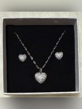 Stainless Steel Silver Heart Crystal Necklace & Stud Earrings Set